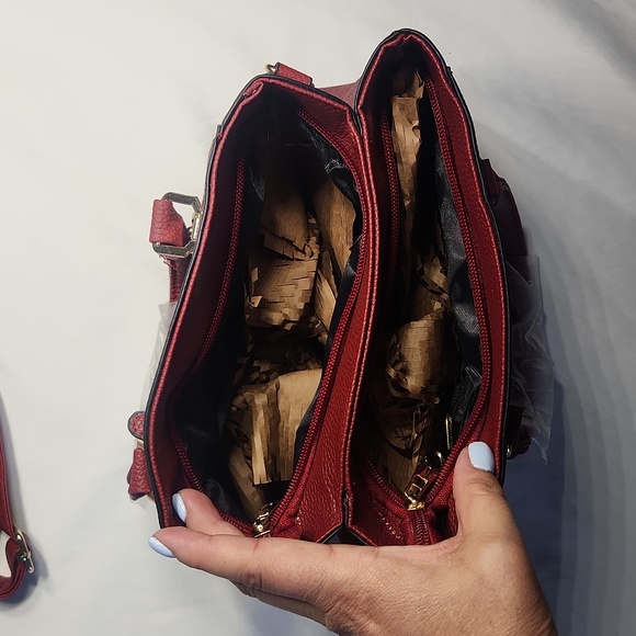 Red Faux Leather Satchel Handbag Purse – Double Zipper Compartments NWOT - Picture 6 of 6